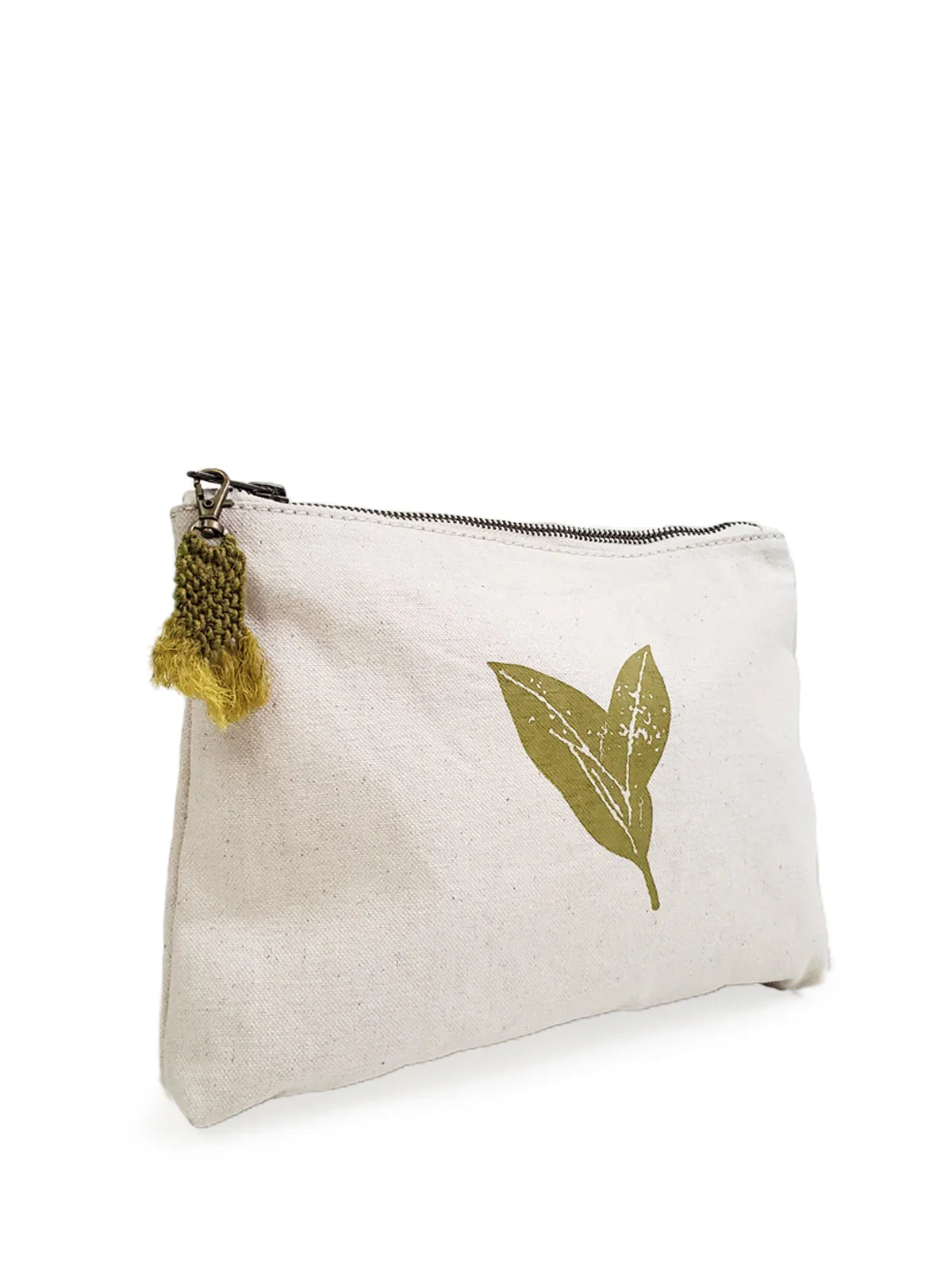 Eco-friendly canvas pouch with green leaf print and tassel zipper, Qu!rk Boutique