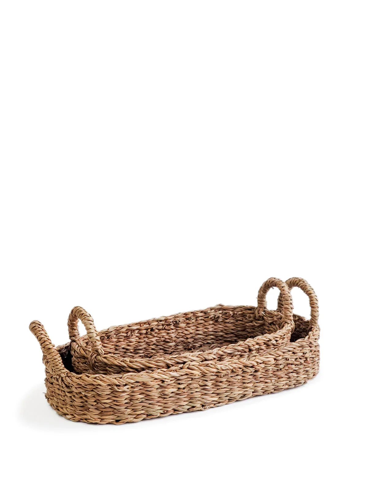 Set of two natural woven bread baskets with handles, oval shape, rustic texture