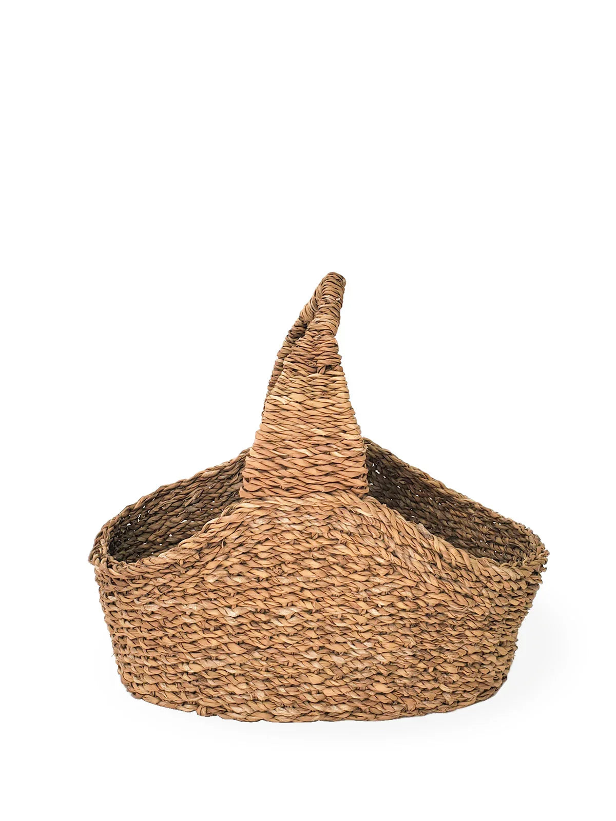 Handwoven natural straw picnic basket with pointed handle on white background, Qu!rk Boutique