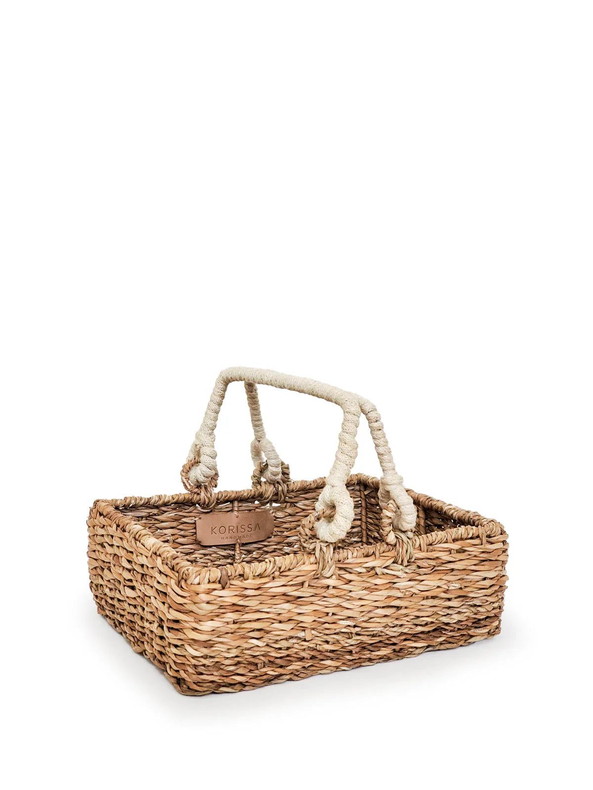 Rectangular woven storage basket with rope handles, eco-friendly home decor from Qu!rk Boutique