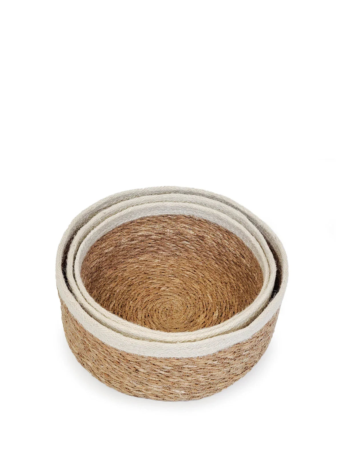 Handwoven natural fiber storage bowls with white rim, eco-friendly decor from Qu!rk Boutique
