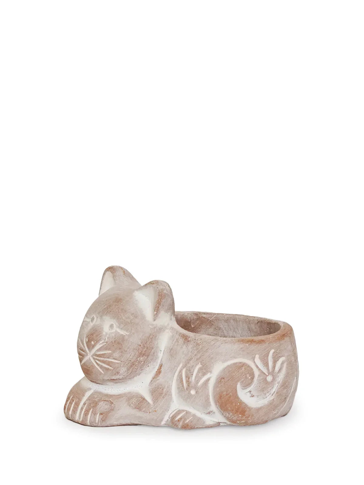 Terracotta cat-shaped candle holder with carved white decorative patterns