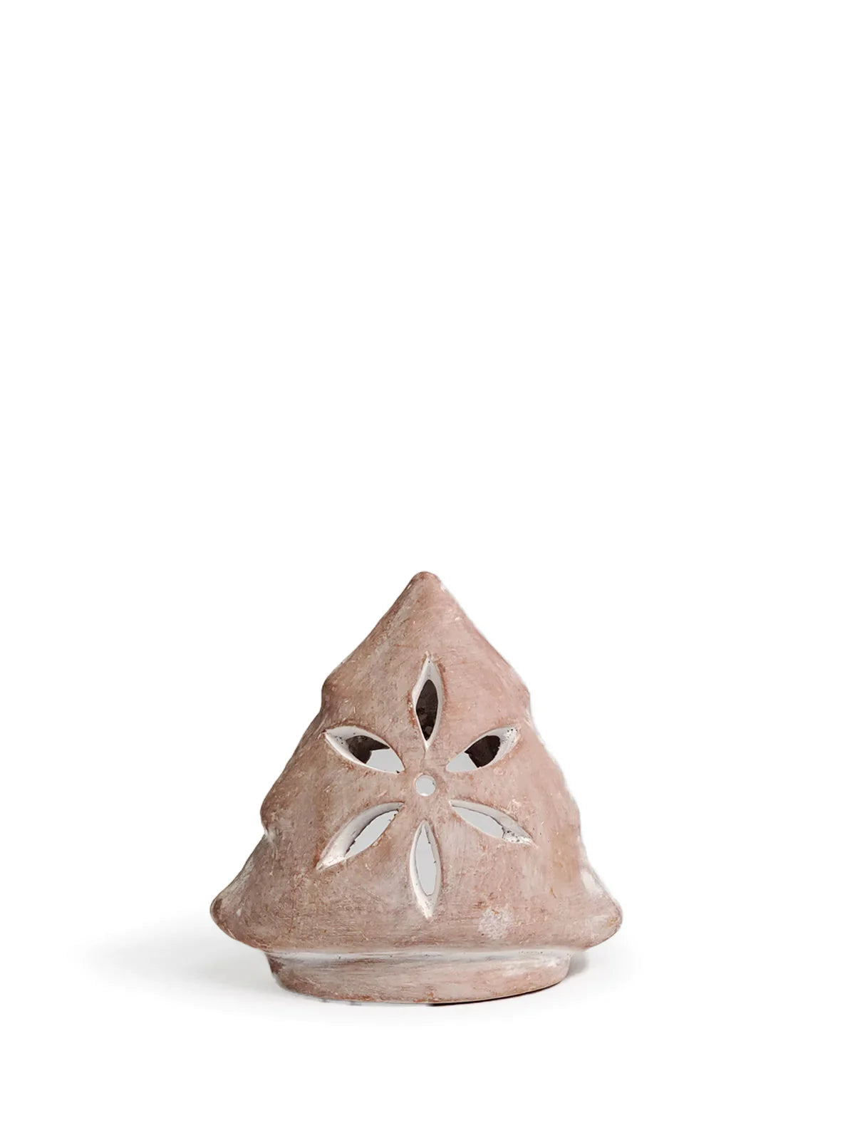 Terracotta candle holder shaped like a tree with floral cutout design