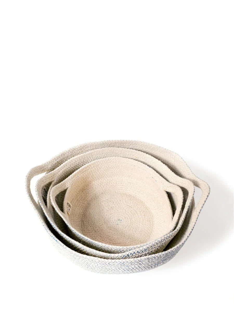 Set of three cream woven cotton bowls stacked, artist-designed home decor from Qu!rk Boutique