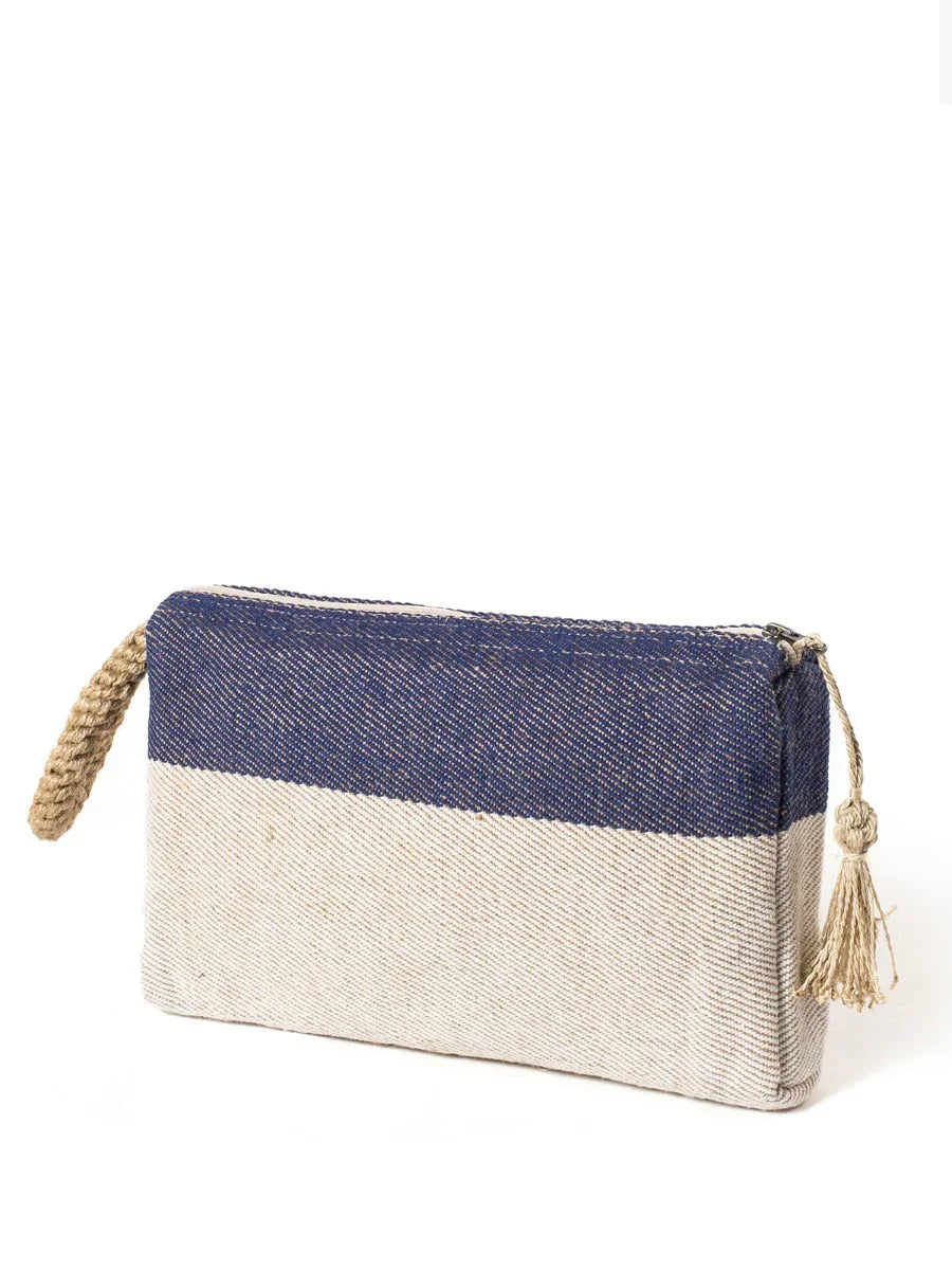 Blue and beige striped fabric clutch bag with braided handle and tassel zipper pull