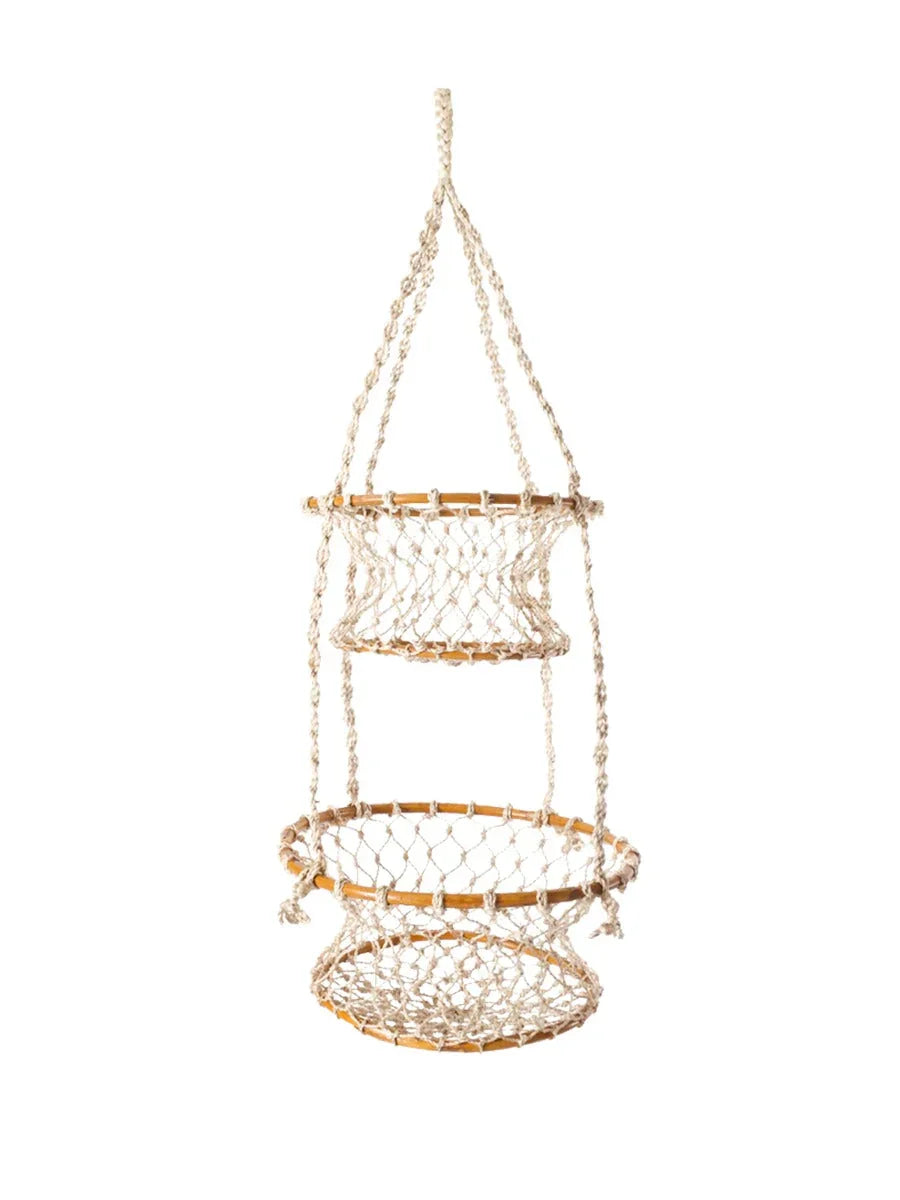 Double-tier hanging basket with wooden rings and white macrame netting for storage or decor