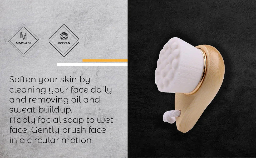 Minimalist wooden facial cleansing brush with white bristles, modern skincare tool at Qu!rk Boutique