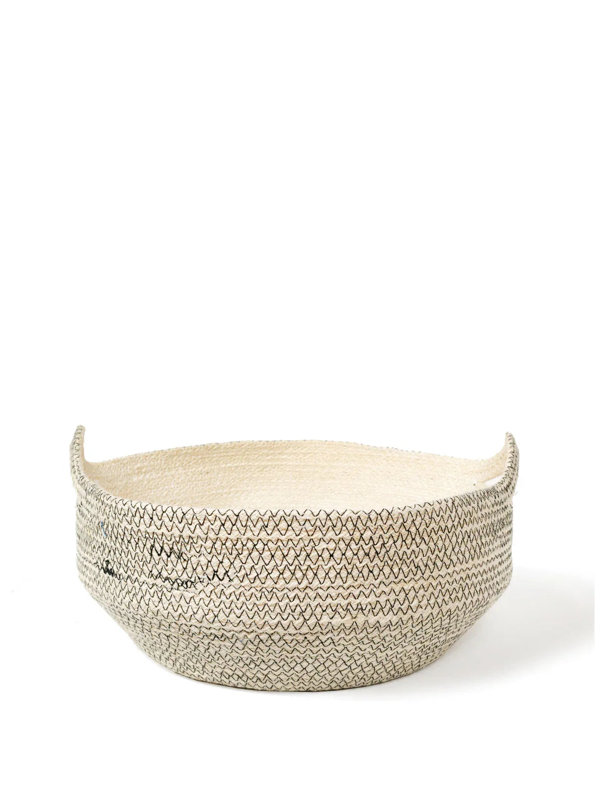 Handwoven cream and black fruit bowl basket with zigzag stitch, Qu!rk Boutique home decor