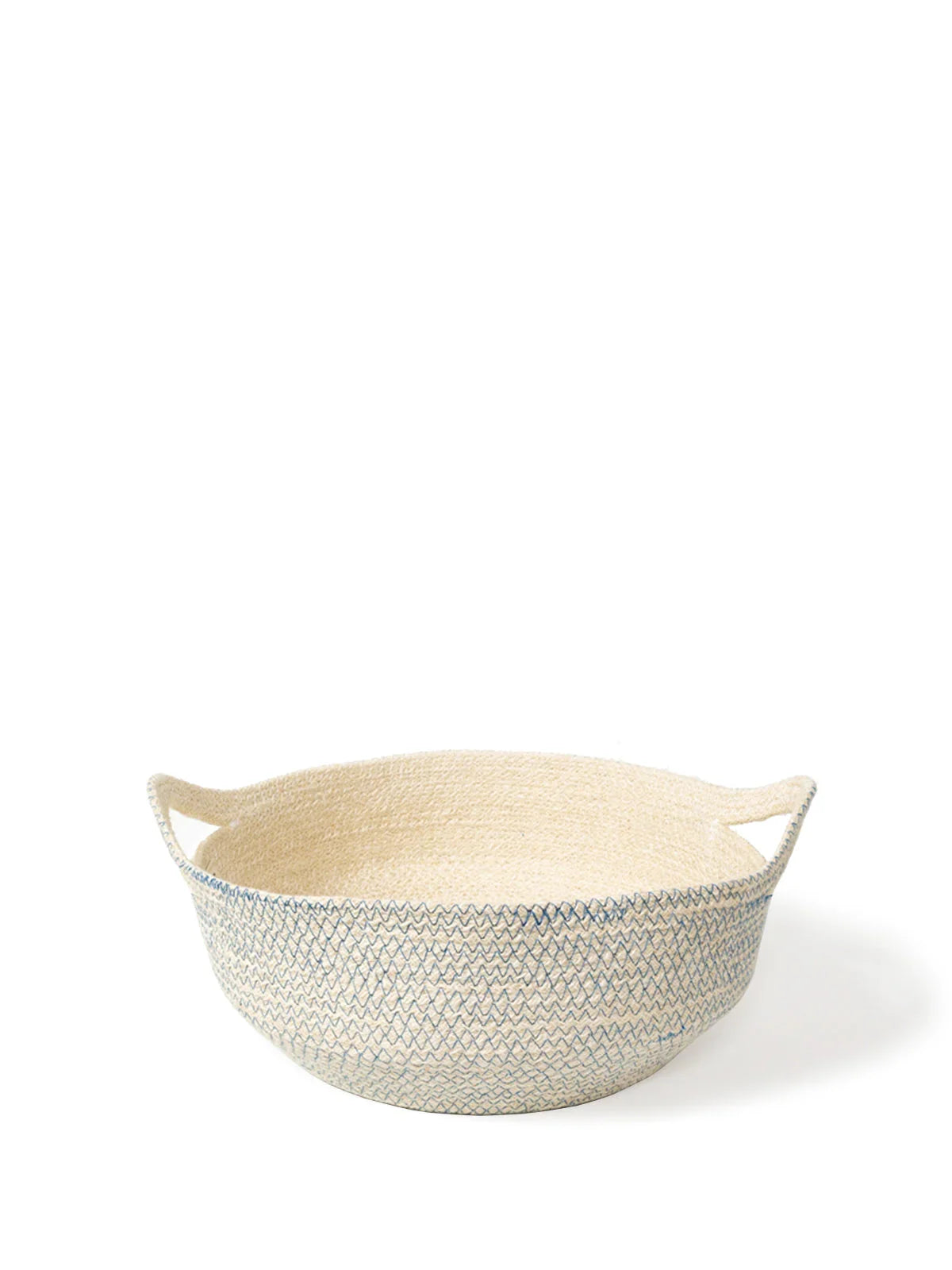 Handwoven blue and cream fruit bowl basket with handles, Qu!rk Boutique home decor