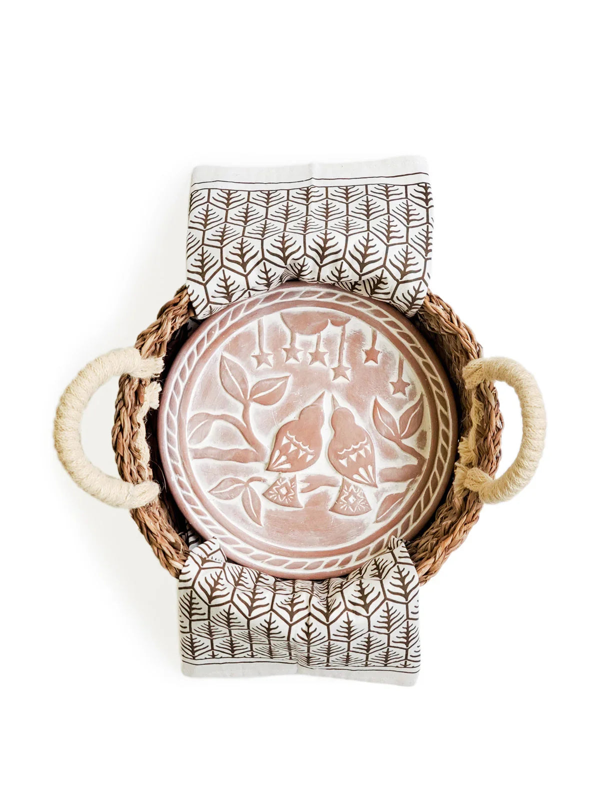 Artisan lovebird tray in woven basket with botanical tea towel, Qu!rk Boutique gift display