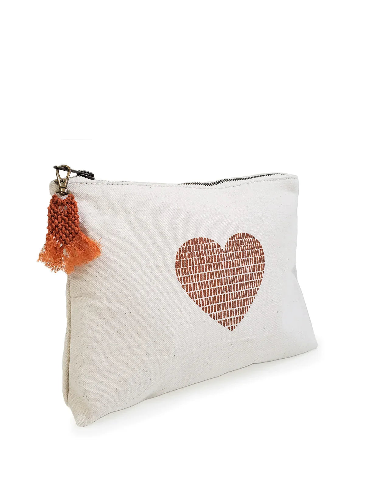 Canvas pouch with a red woven heart print and orange tassel zipper pull