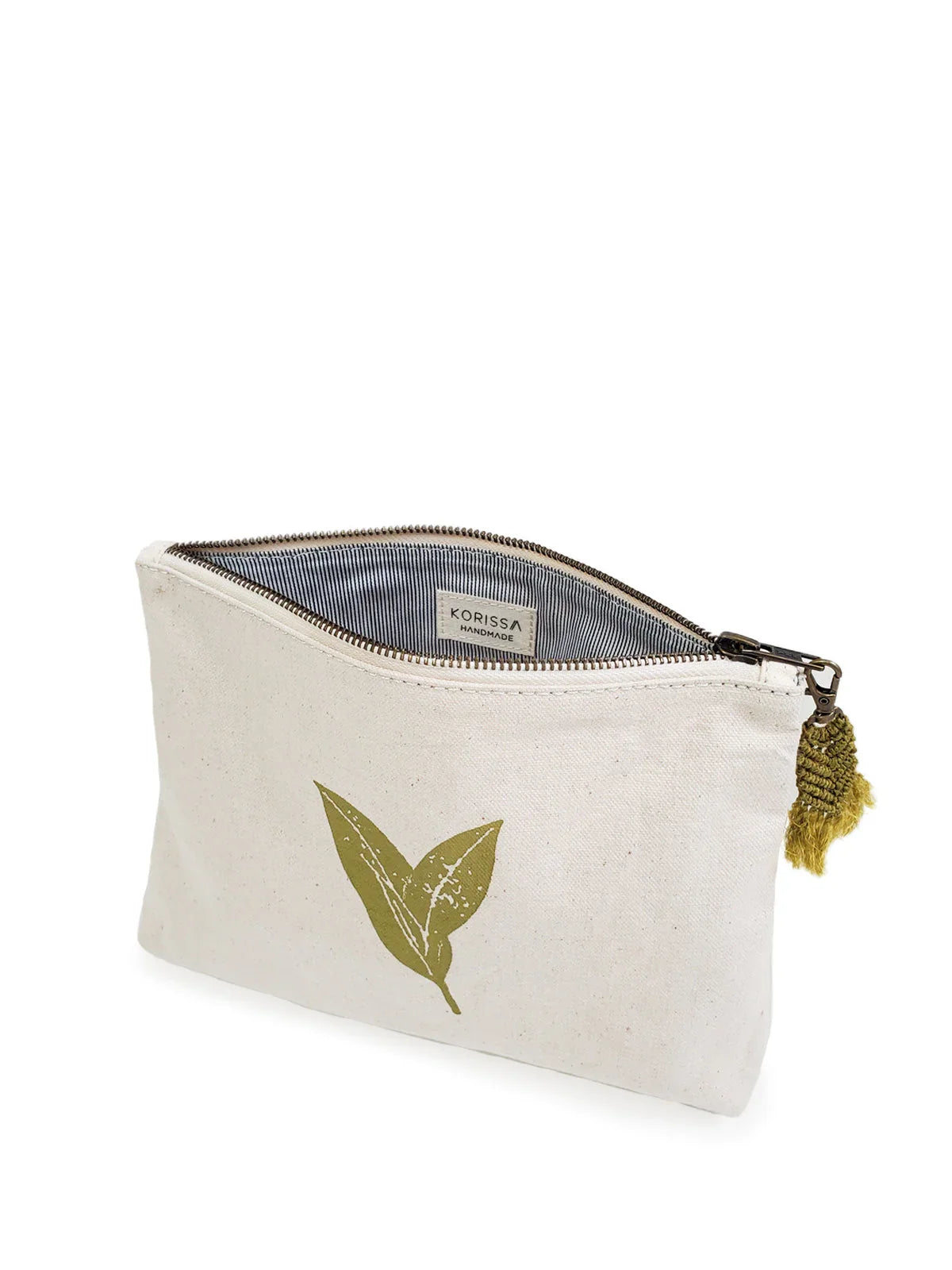 Eco-friendly pouch with green leaf print and tassel zipper, Qu!rk Boutique gift accessory