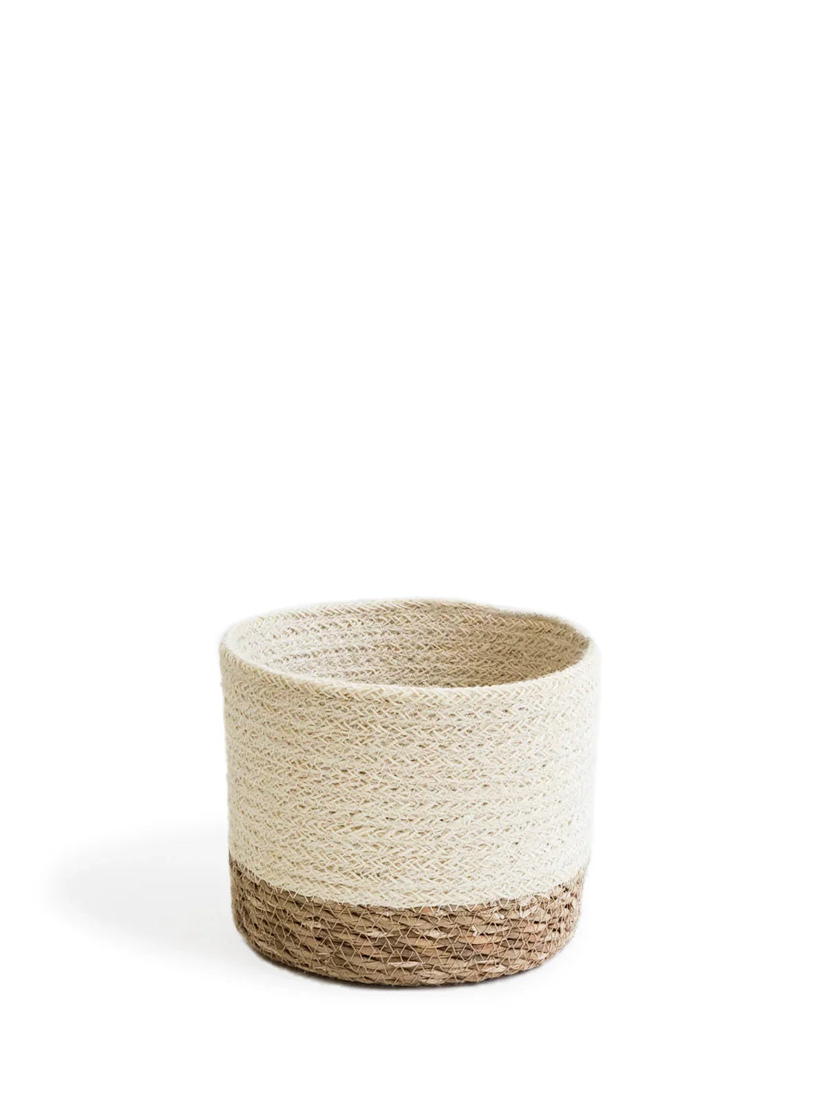 Round woven basket with natural jute bottom and white cotton upper, minimalist storage container