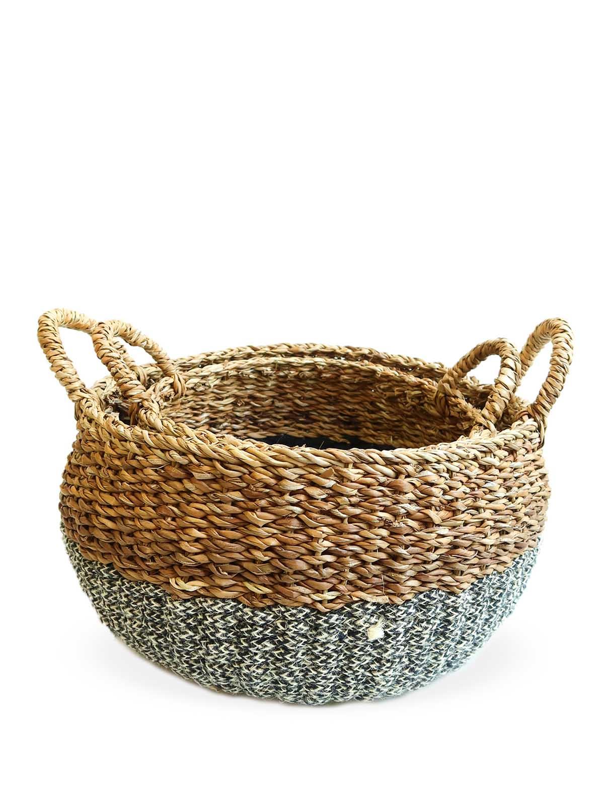 Set of two woven storage baskets with natural brown and black knit bottom, featuring loop handles