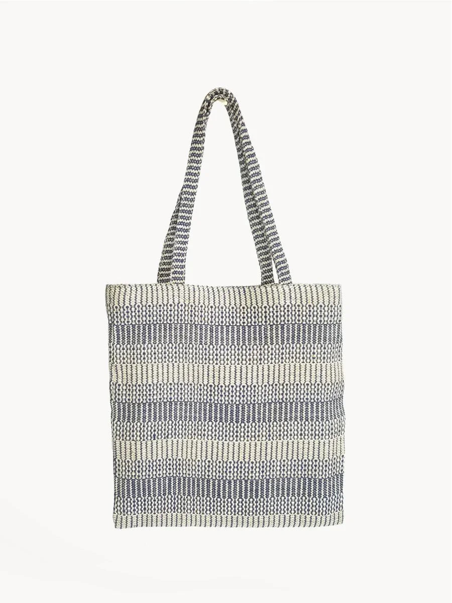 Eco-friendly blue and cream striped tote bag with woven texture, Qu!rk Boutique gift