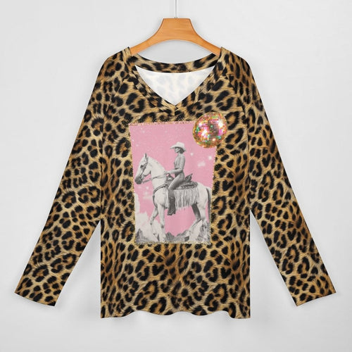Baha Ranch Retro Pop Western Leopard Cowgirl Long Sleeve Top - Qu!rk Boutique
