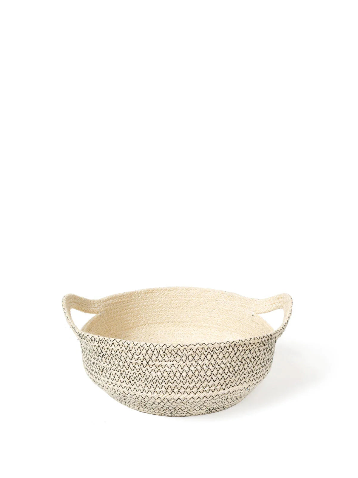Woven rope fruit bowl with black zigzag pattern and handles, modern home decor from Qu!rk Boutique