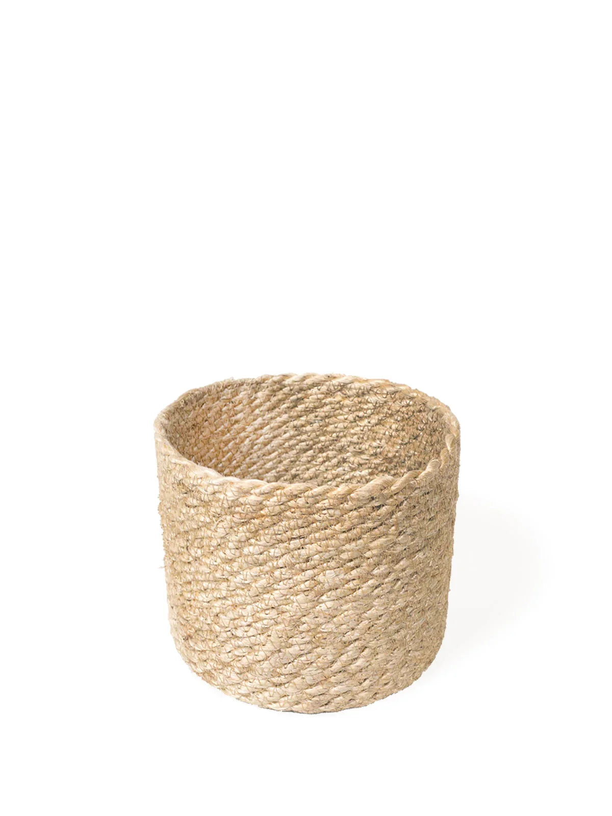 Natural woven jute basket with round shape on white background