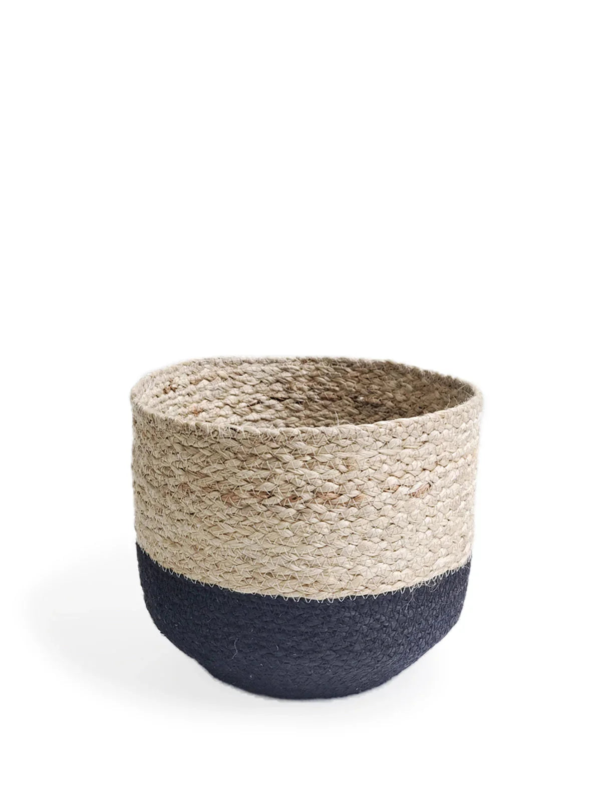 Round woven jute basket with natural beige upper half and black bottom on white background
