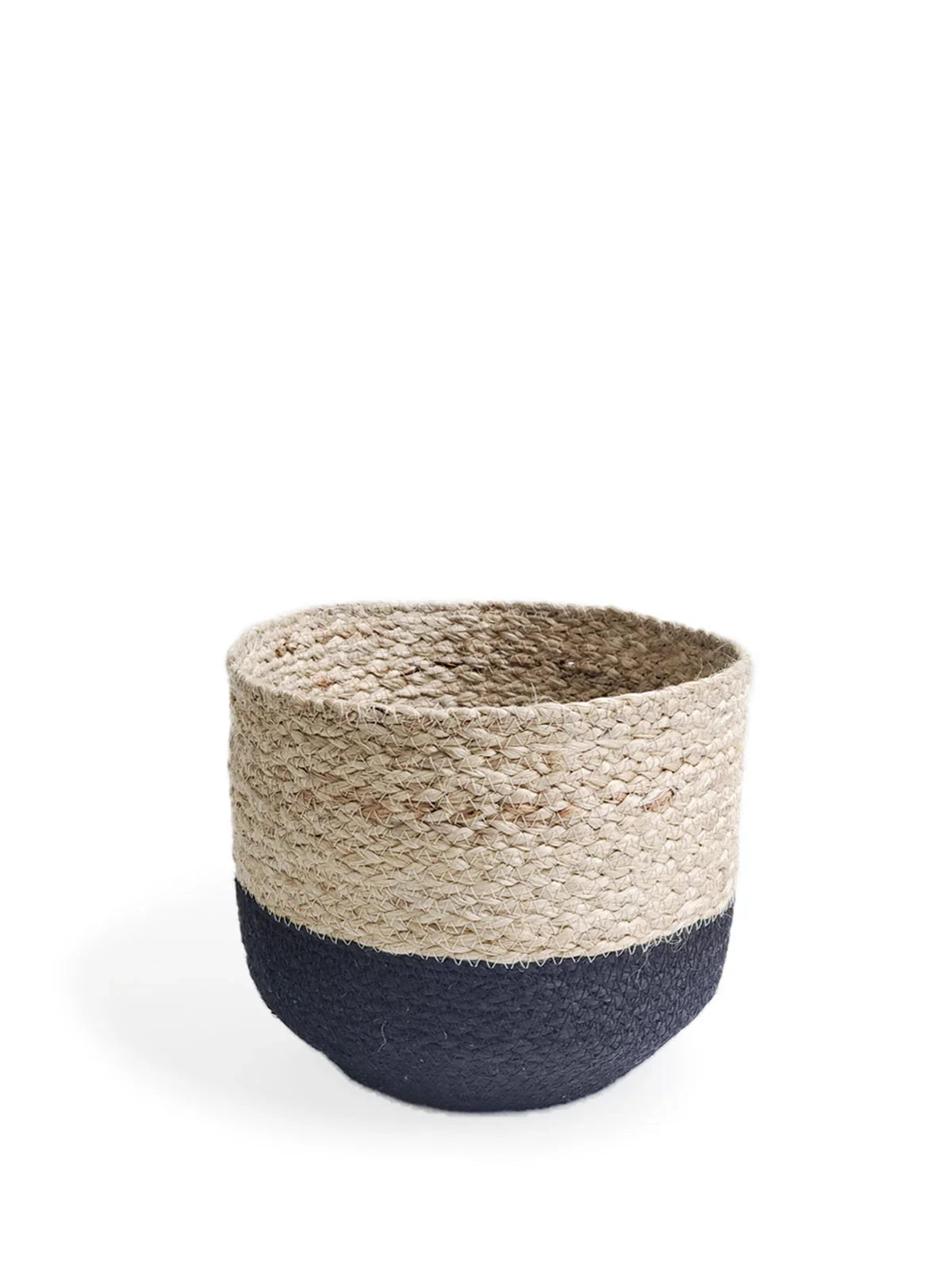 Two-tone round woven basket with natural jute top and black bottom on white background