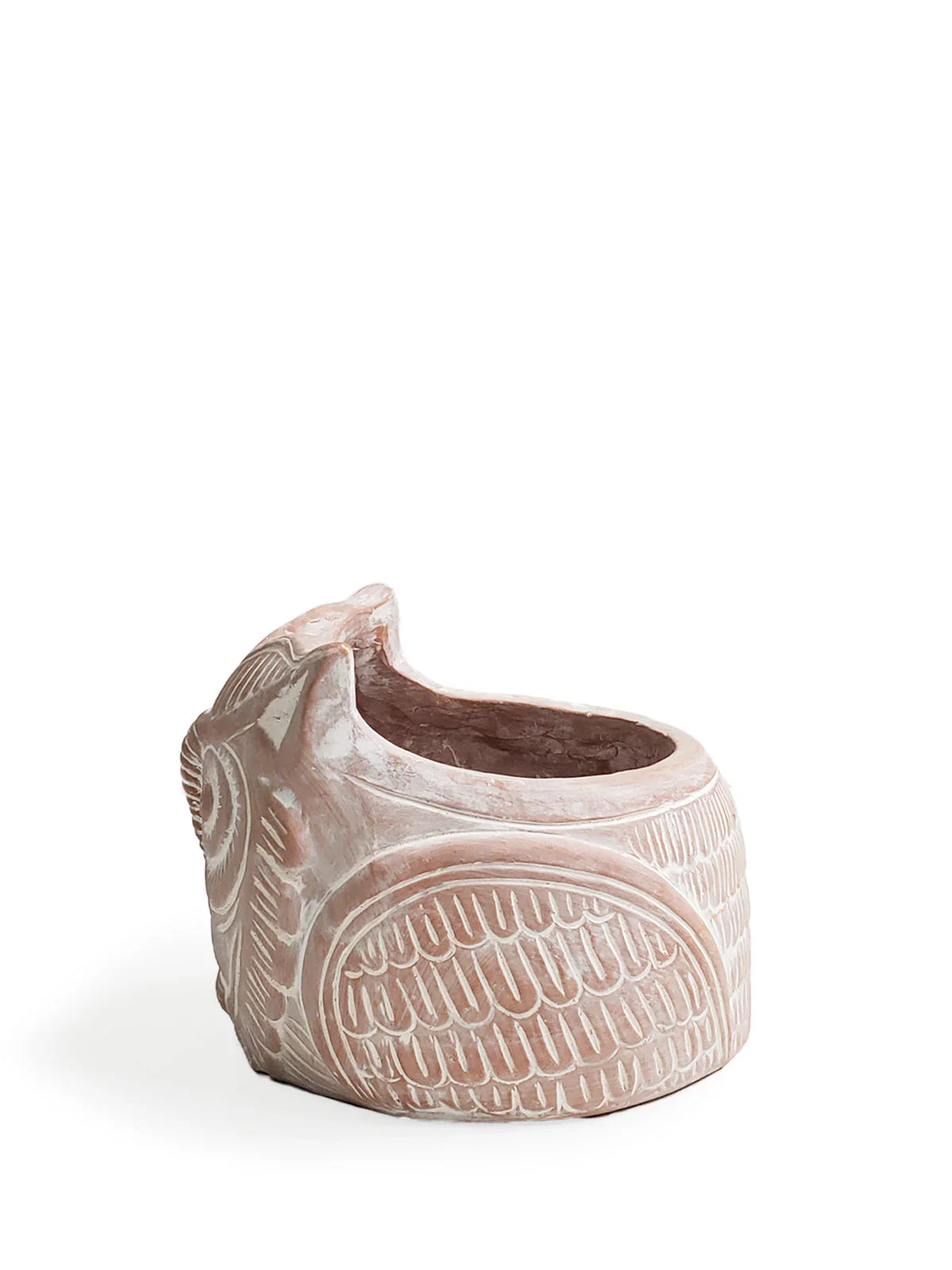 Terracotta planter shaped like a horned owl with carved feather details