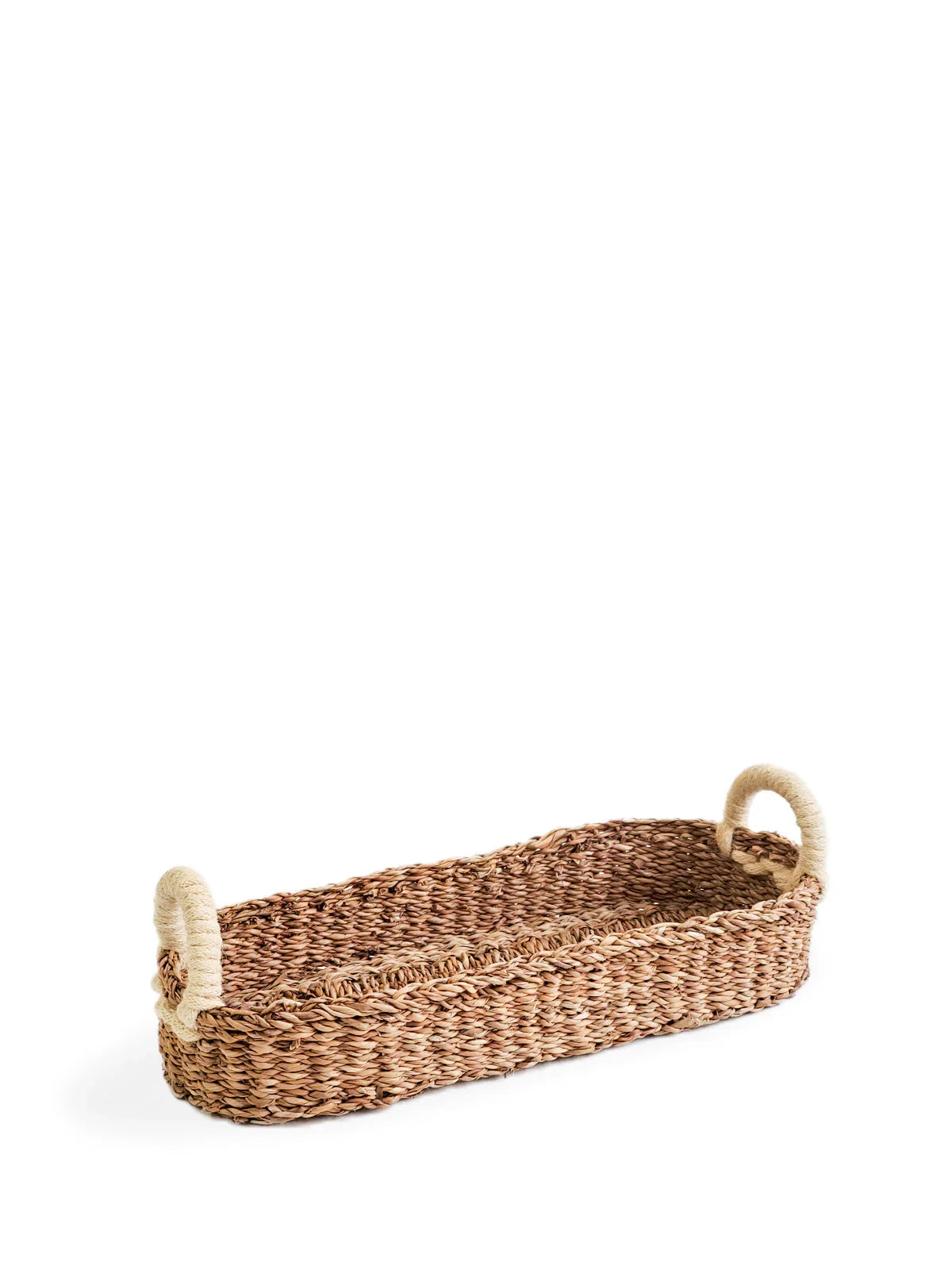 Rectangular woven bread basket with white wrapped handles made of natural fibers