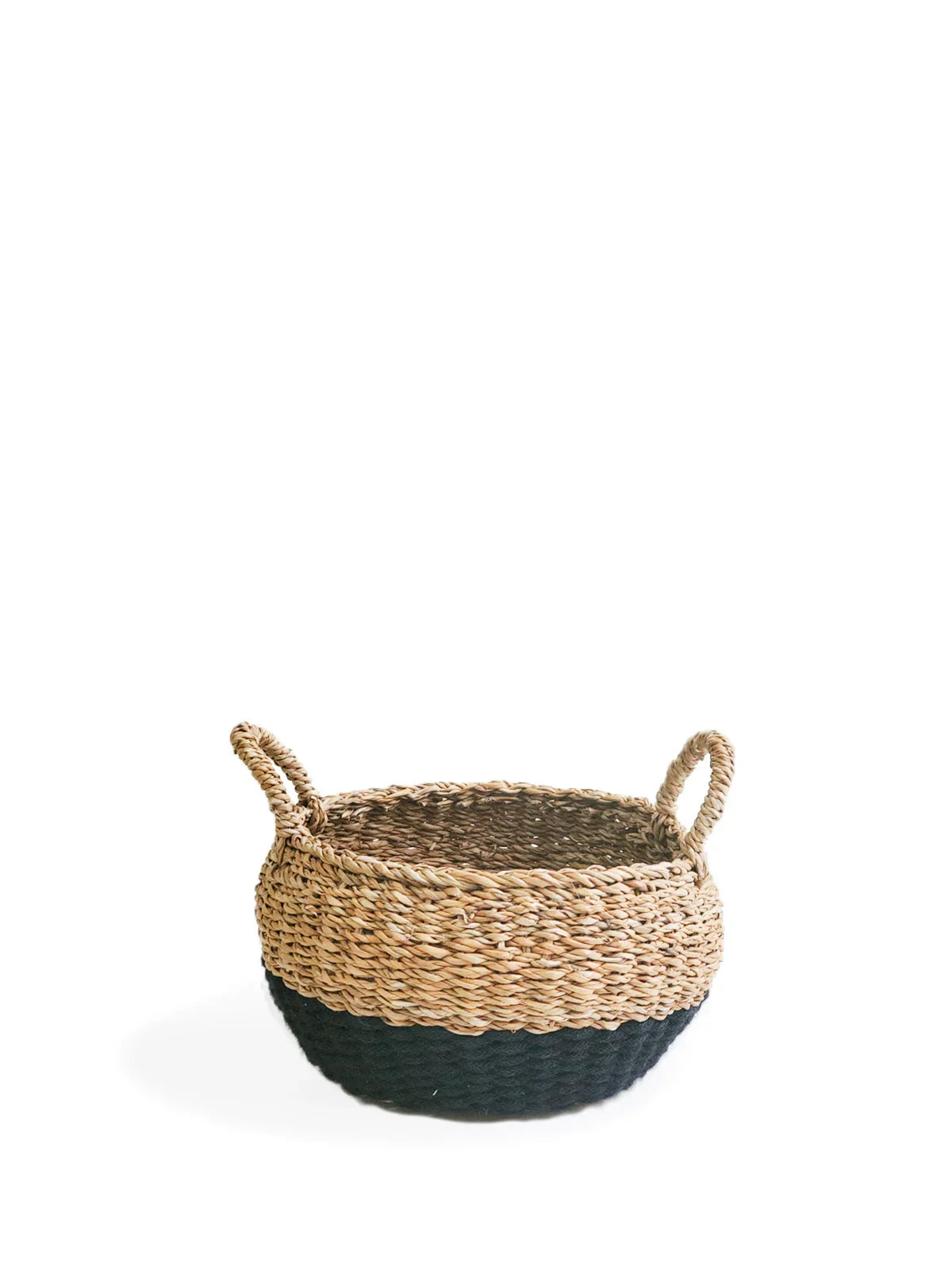 Round woven storage basket with black base and natural handles, minimalist decor