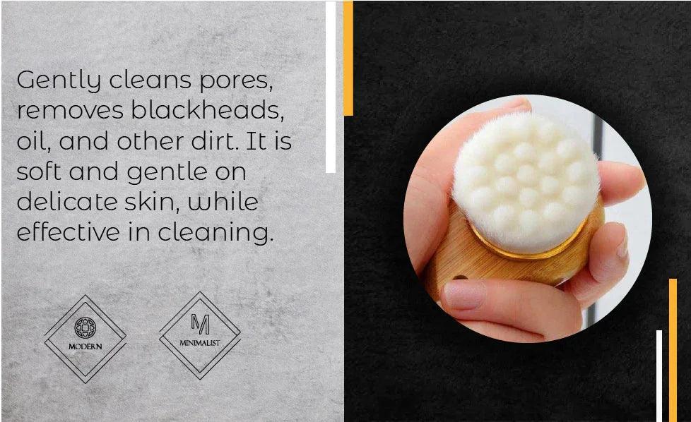 Hand holding a soft facial cleansing brush with white bristles, gentle skincare at Qu!rk Boutique