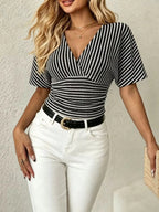 Striped Surplice Short Sleeve Top - Qu!rk Boutique