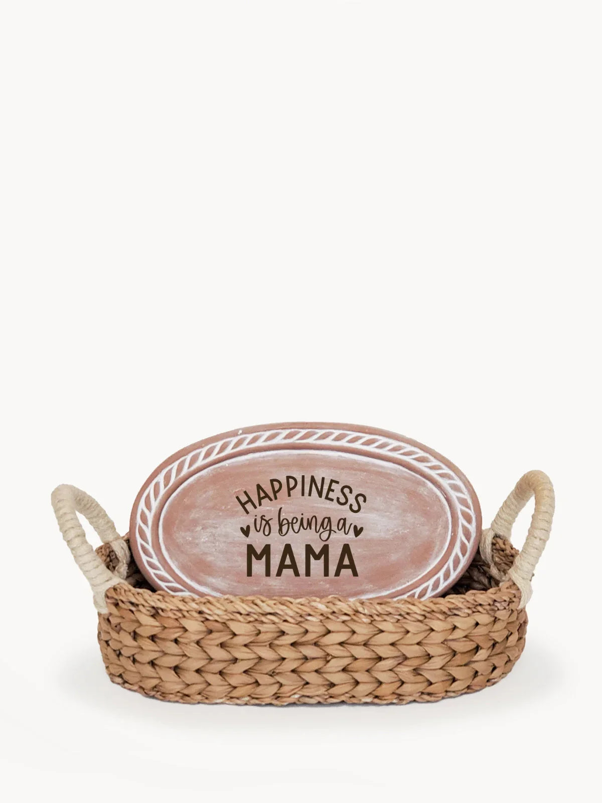 Oval wooden breadwarmer in woven basket with handles, text "Happiness is being a Mama"