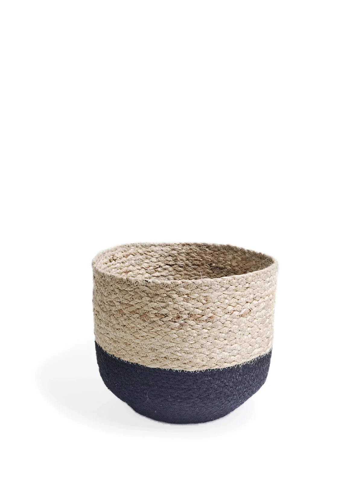 Two-tone woven basket with natural beige upper and black lower half on white background