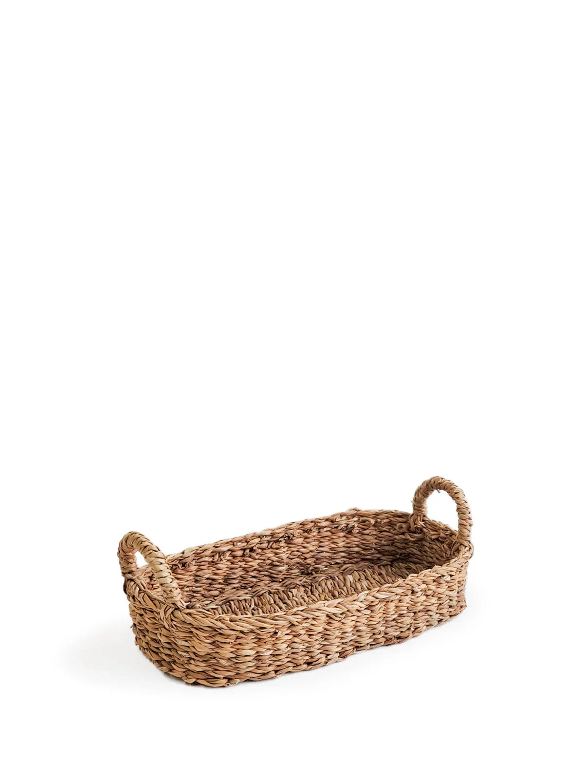 Rectangular woven bread basket with natural handles made of braided water hyacinth