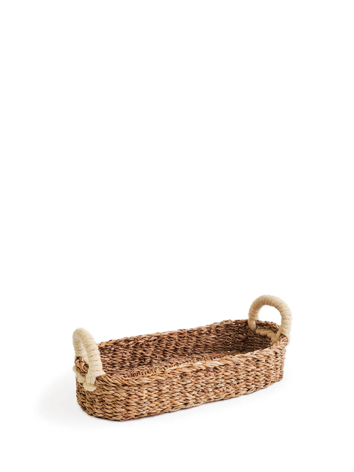 Rectangular woven bread basket with white wrapped handles, natural rustic wicker design