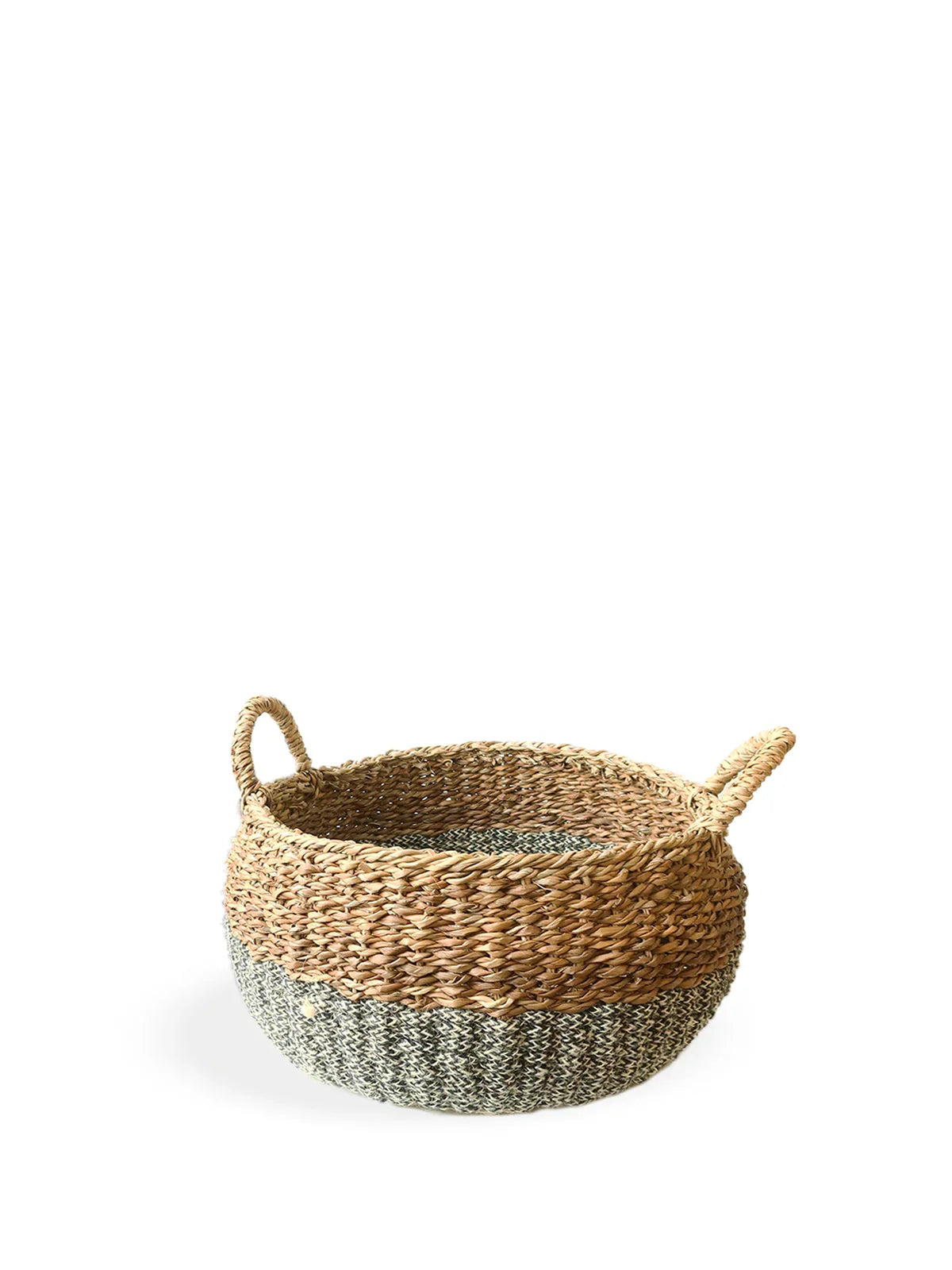 Woven storage basket with two handles, natural brown and black color, round shape