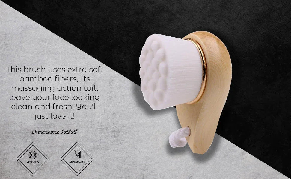 Soft bamboo fiber facial brush with ergonomic wooden handle, eco-friendly skincare tool at Qu!rk Boutique.