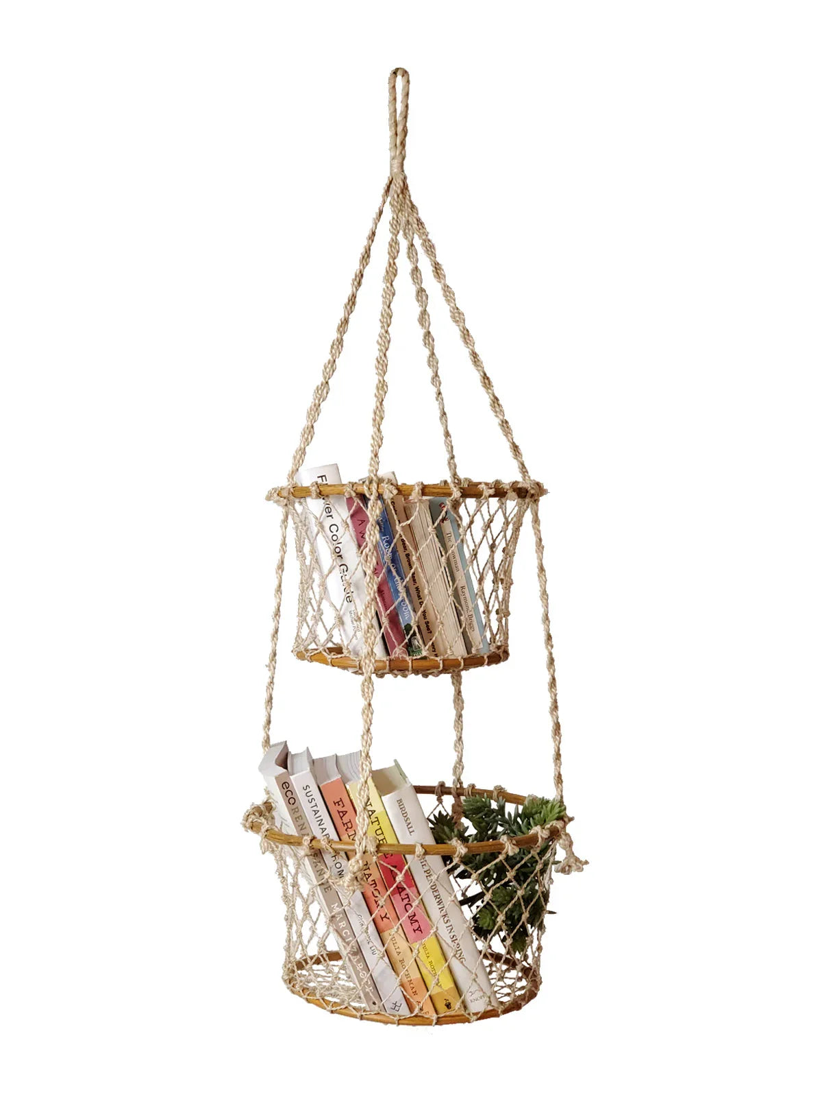 Two-tier hanging basket with books and green plant, boho rope storage organizer