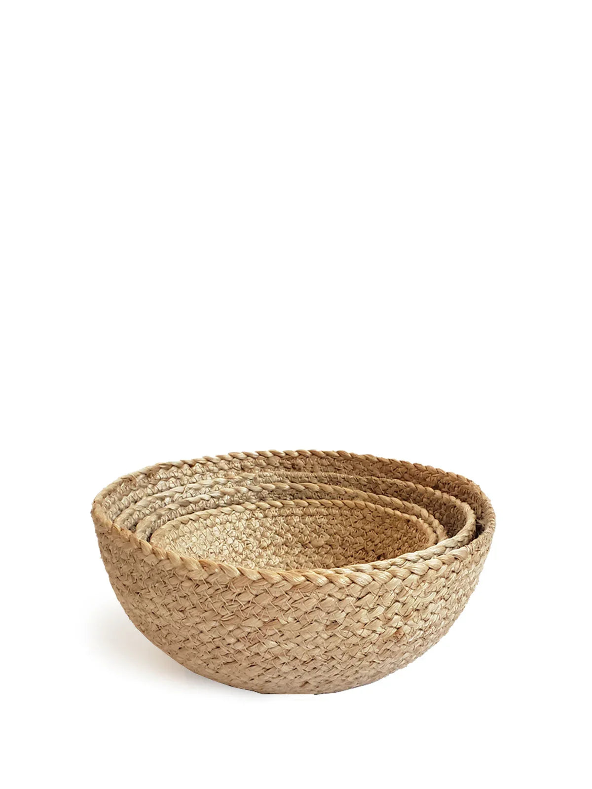 Set of three natural woven nesting bowls on white background, eco-friendly home decor from Qu!rk Boutique.