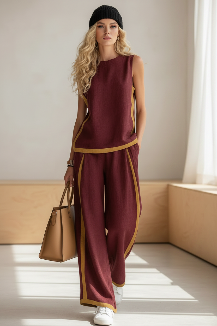 Full Size Contrast Stripe Sleeveless Top & Wide-Leg Pants Set Plus Size
