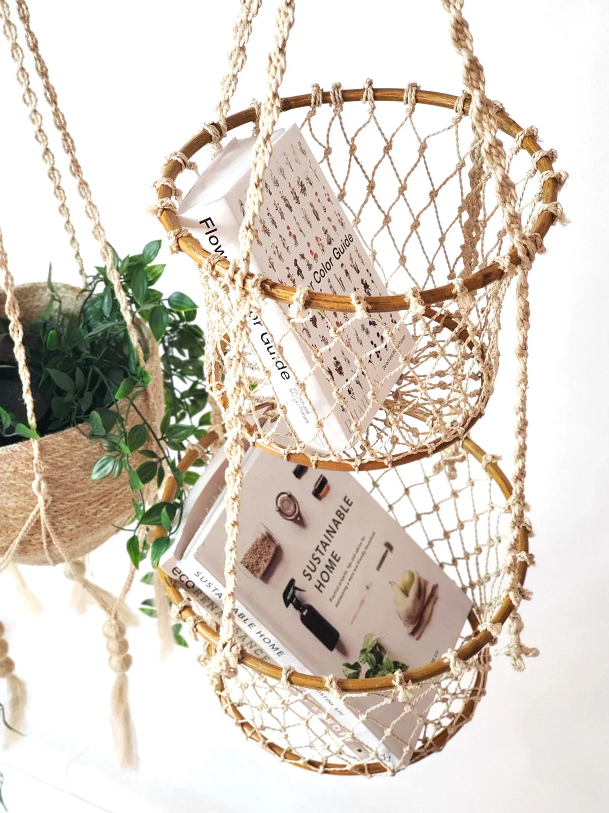 Macrame double hanging basket with books and a green plant in natural rattan and cotton net