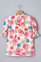 Floral Print Ruched Short Sleeve Blouse - Qu!rk Boutique