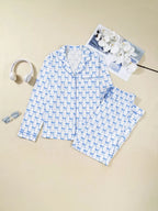 Bow Print Long Sleeve Shirt and Pants Pajama Set - Qu!rk Boutique