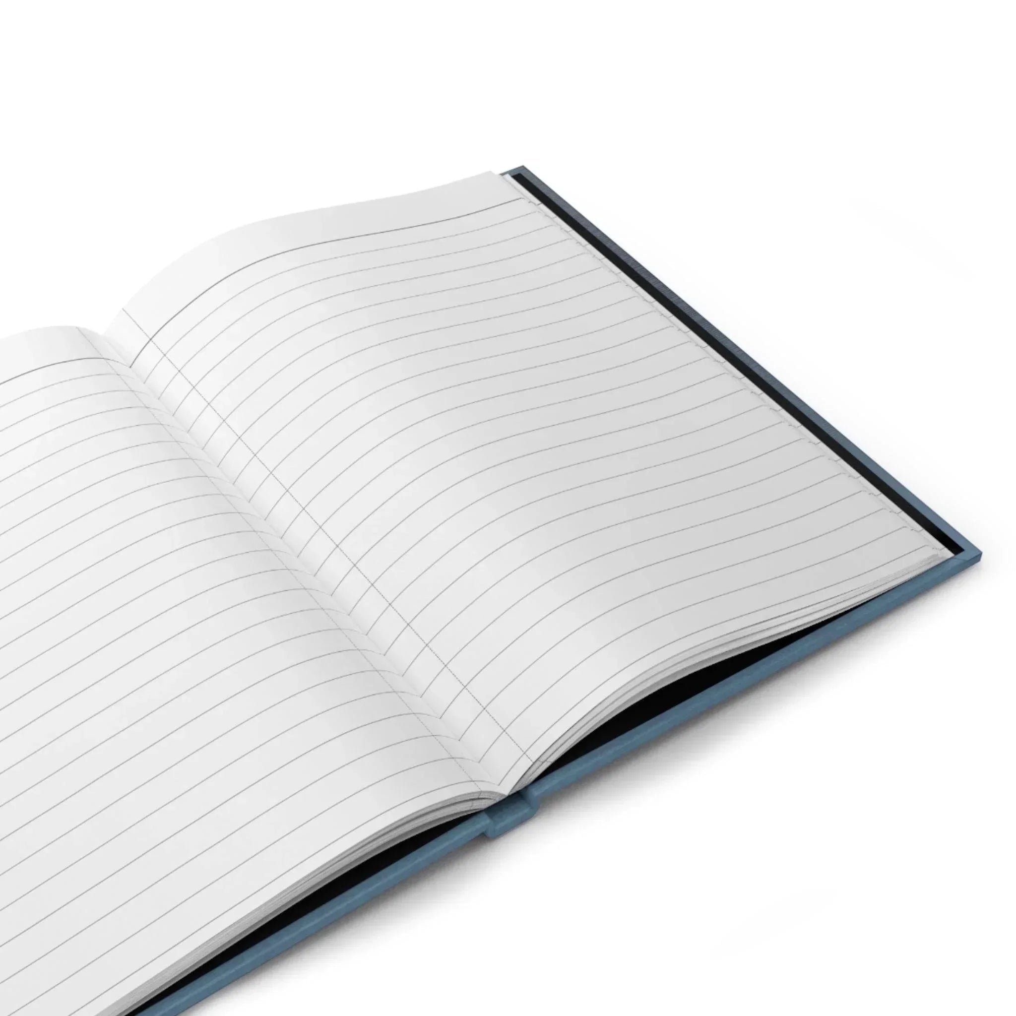 Open lined notebook with blue cover on white background
