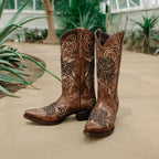 Tan Rose Inlayed Women's Cowgirl Boots (M50032) - Qu!rk Boutique