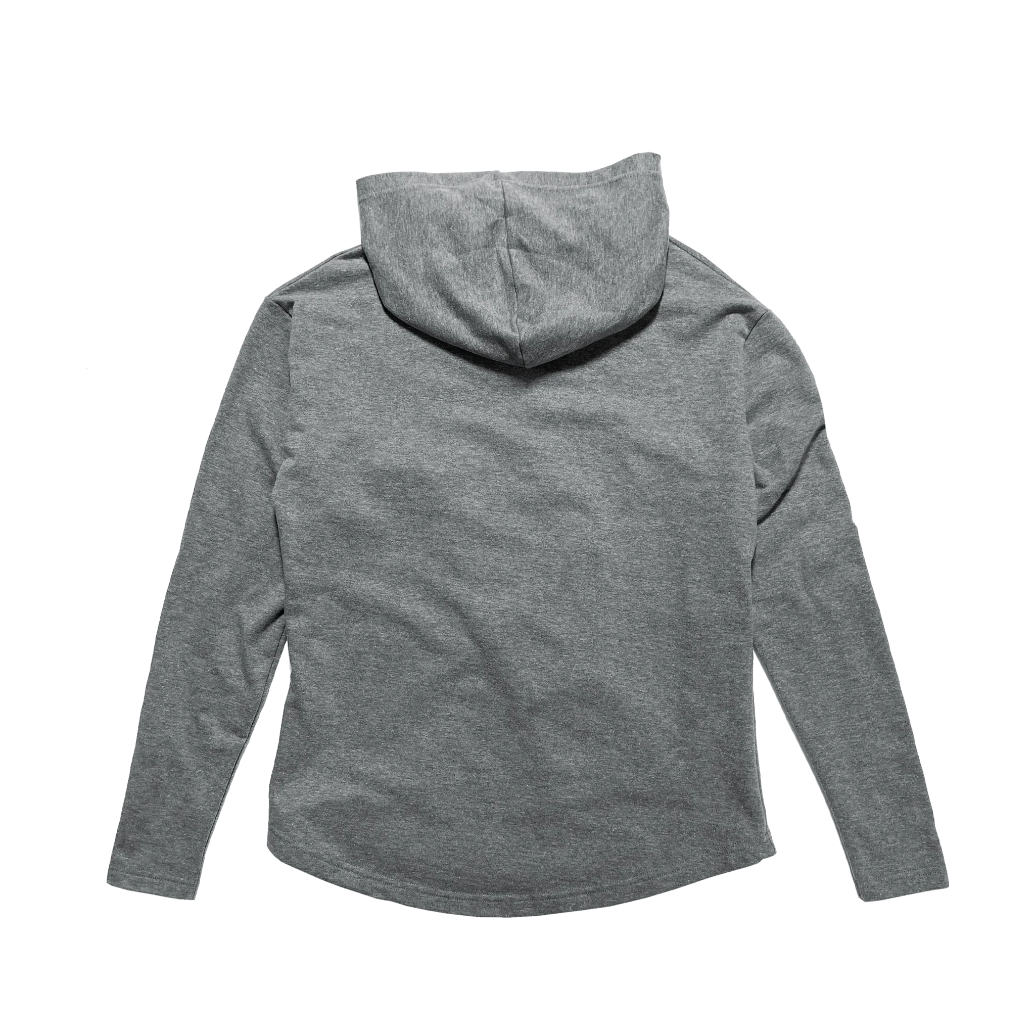 Back view of a heather grey long-sleeve hoodie, femme-fit, from Qu!rk Boutique