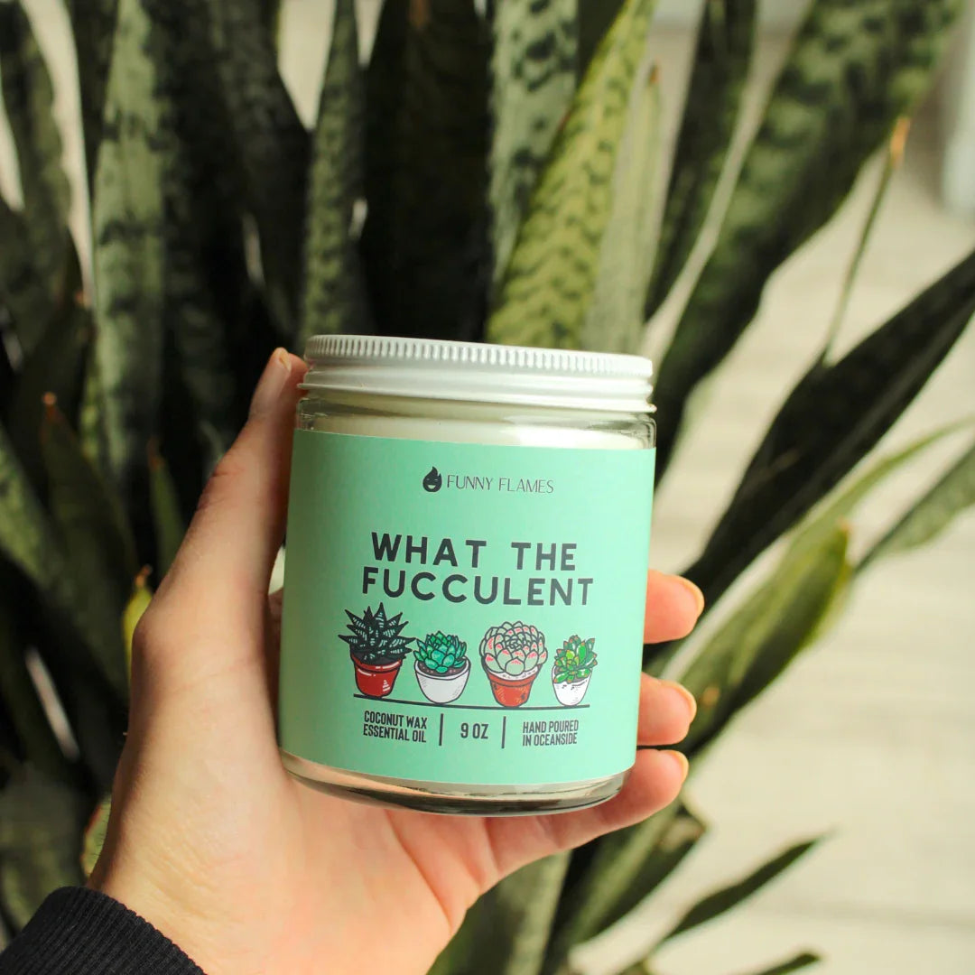Hand holding a FUNNY FLAMES scented candle labeled WHAT THE FUCCULENT with succulent illustrations