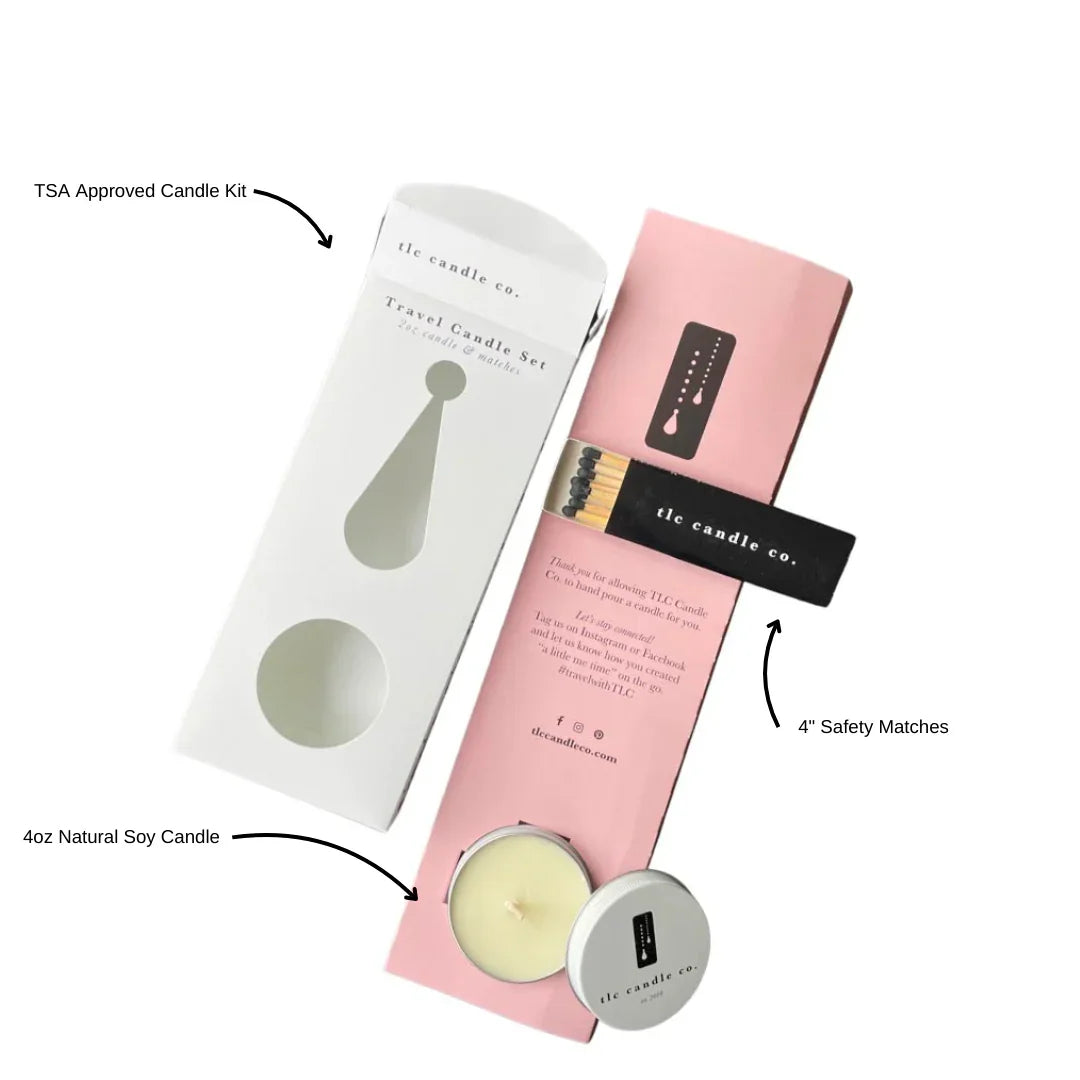 TSA approved travel candle kit with 4oz natural soy candle and 4-inch safety matches from Qu!rk Boutique