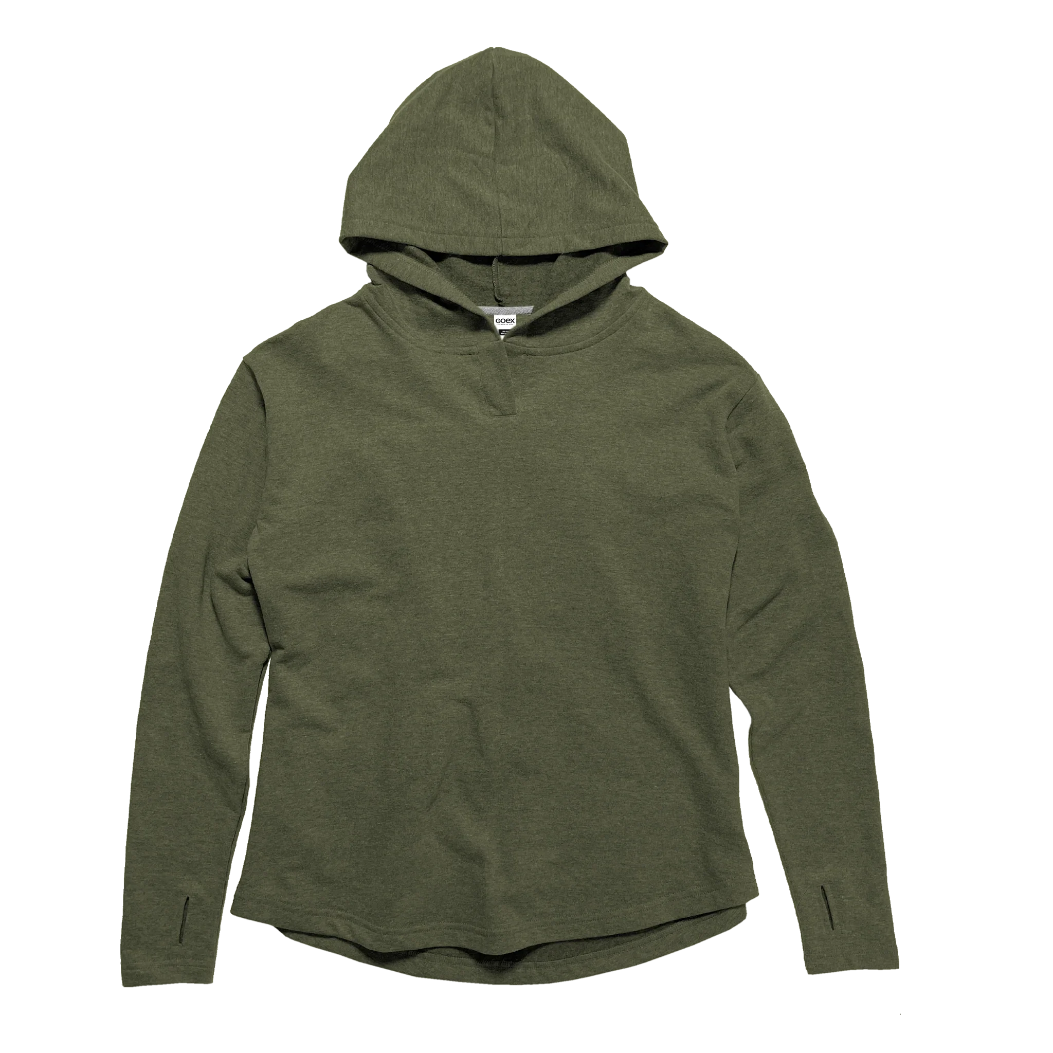 Olive green long sleeve hoodie, femme-fit, laid flat, Qu!rk Boutique winter apparel