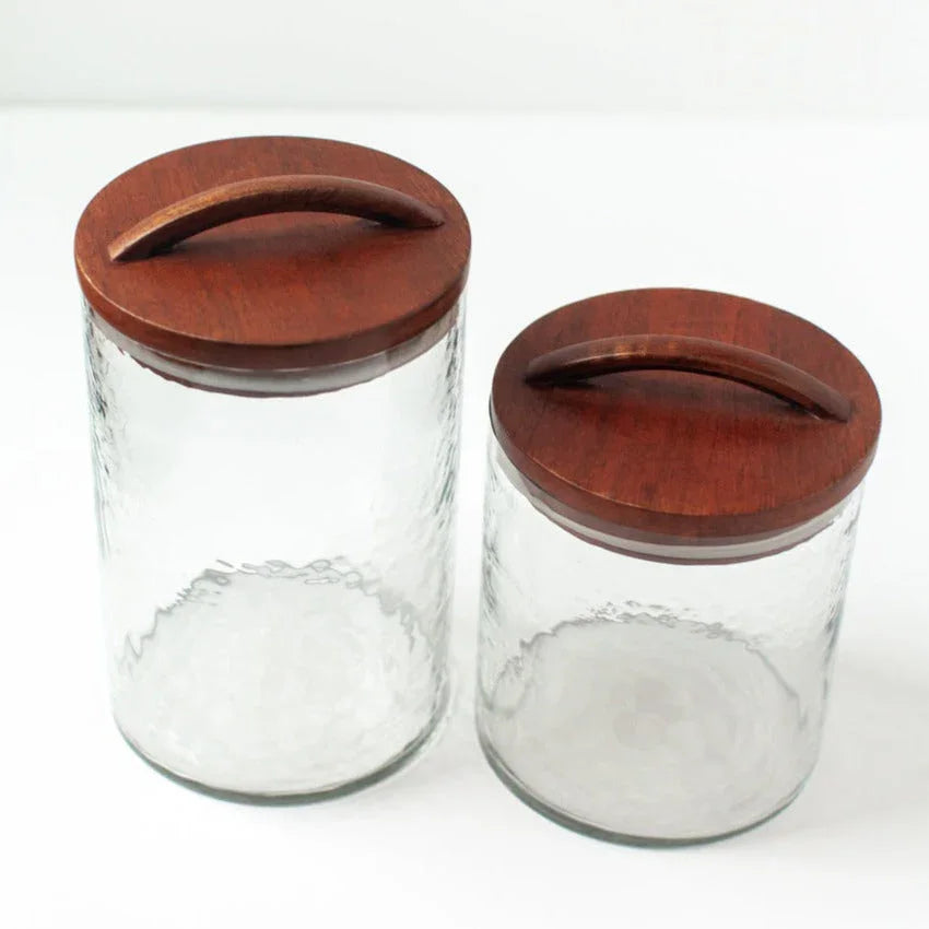 Set of two clear glass storage jars with wooden lids, modern kitchen decor from Qu!rk Boutique