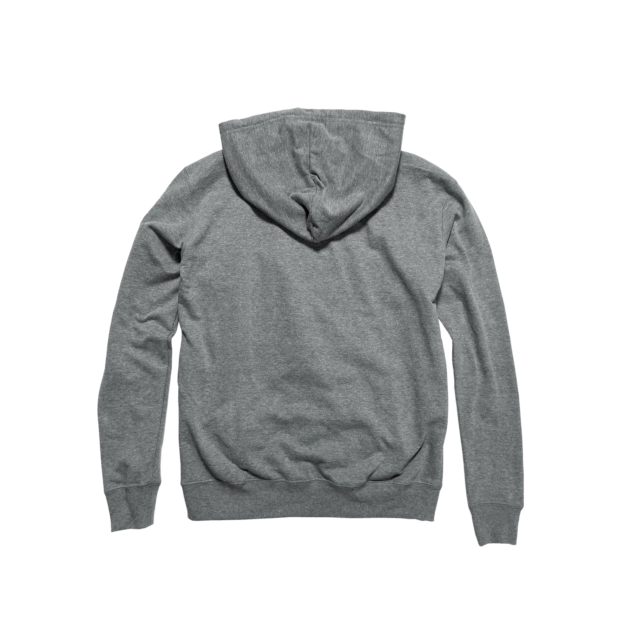 Back view of a heather grey hooded sweatshirt from Qu!rk Boutique, eco-friendly fashion