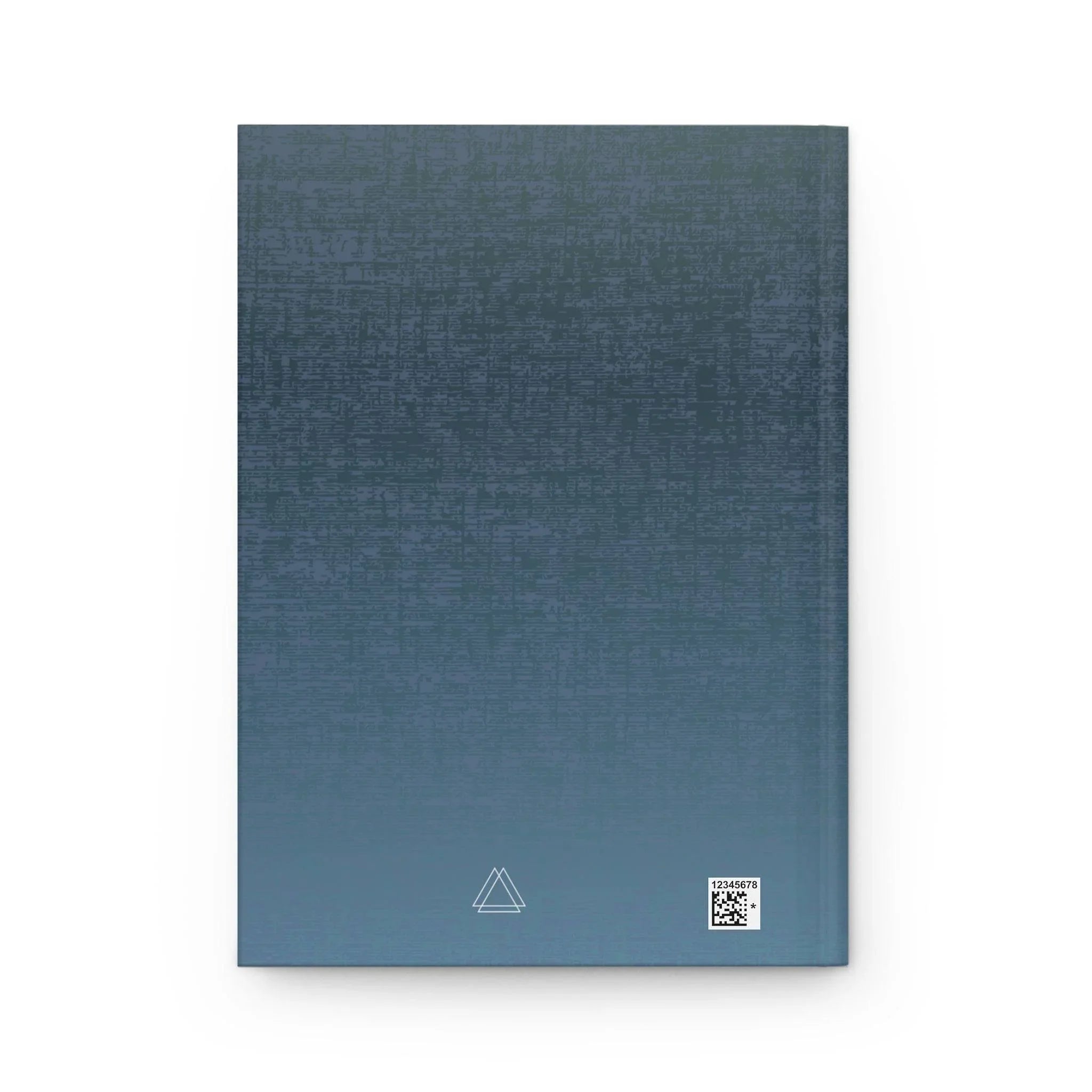Blue textured hardcover book back with a small triangular logo and a barcode label